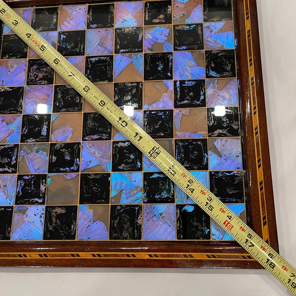 Vintage Chess Checker Board Rare Butterfly Wing Artwork Real inlaid wood BRAZIL - Picture 5 of 16